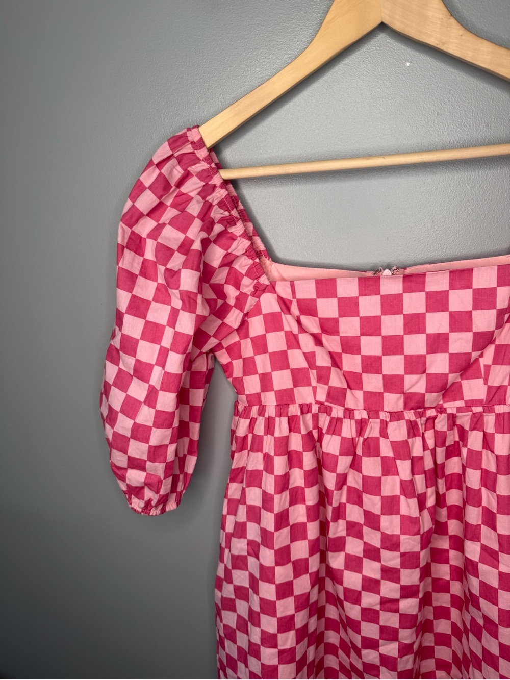 Moodie Pink Checker Square Neck Puff Sleeve Babydoll - Picture 4 of 10